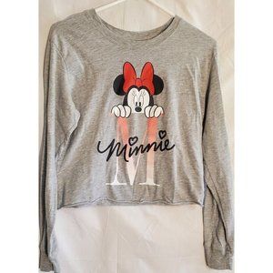 Disney Minnie Mouse Crop Top Long Sleeve Shirt SZ Medium Junior's Gray